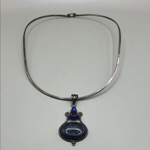 Vintage artisan sterling silver 925 collar necklace lapis gemstone necklace.